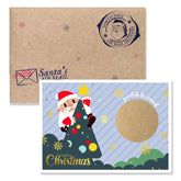 Two Christmas-themed items: a kraft paper envelope with 'Santa's Air Mail' stamp and a colorful card with Santa Claus and a Christmas tree.