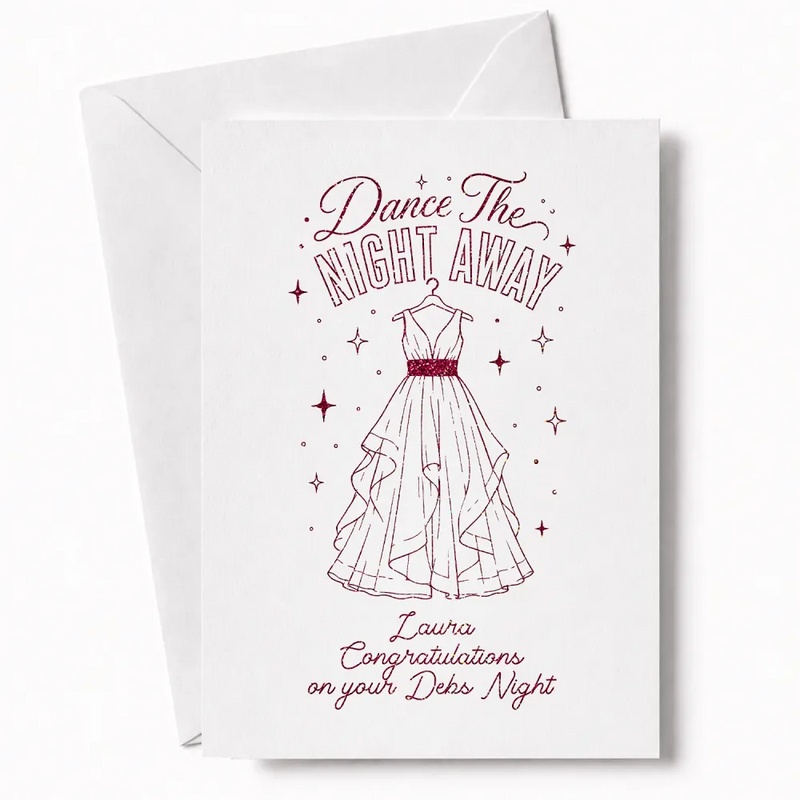 A white debs card featuring a pink glitter maroon dress and starry design with dance the night away text