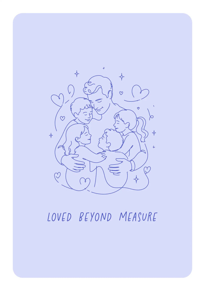A delicate line-art illustration of a family embrace on a soft lavender background, featuring the phrase ’loved beyond measure’ in matching purple script.