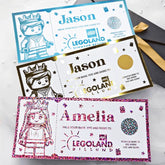 Three LEGOLAND theme park tickets for Jason, Lagan, and Amelia on a white background.