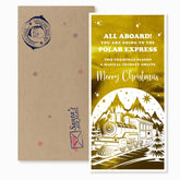 Christmas-themed card with train illustration and 'Polar Express' text on gold background