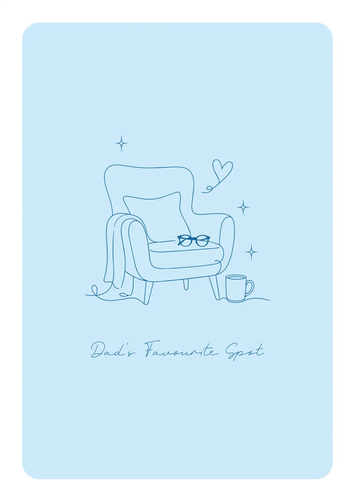 A minimalist line drawing of a cozy armchair with a draped blanket, glasses resting on the seat, and a mug beside it.