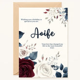 Shop our personalized birthday card for Aoife, featuring elegant floral artwork and heartfelt messages. Available in A6 or A5. Custom name, premium quality—perfect for a special birthday.