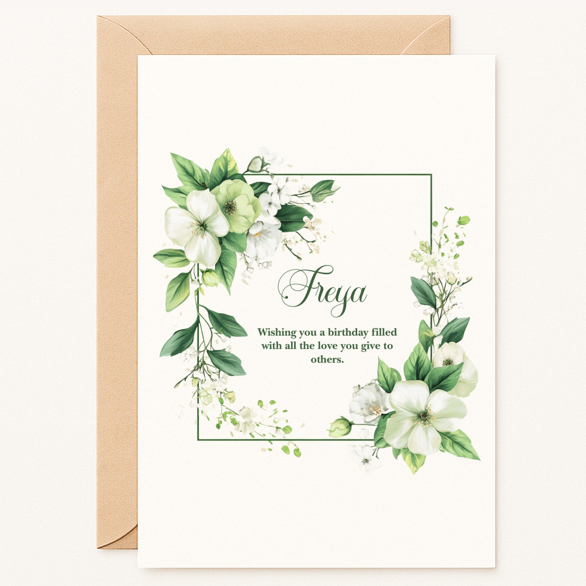 Personalized birthday card with white and green floral design, custom name, and heartfelt birthday message Personalized birthday card with white and green floral design, custom name, and heartfelt birthday message