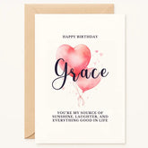 Personalized birthday card with watercolor heart balloons, custom name, and heartfelt message, handmade by Printarelle in Ireland