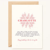 Personalized "Love of My Life" birthday card with "Charlotte" name inside a floral wreath, A5 size, perfect for a wife or girlfriend.