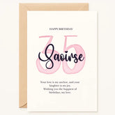 Personalized milestone birthday card with pink watercolor number, custom name, and heartfelt message, handmade by Printarelle in Ireland