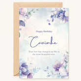 Personalized birthday card with pastel lavender and blue floral design, custom name, and heartfelt birthday message
