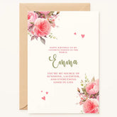 Personalized birthday card with pink watercolor roses, custom name, and heartfelt birthday message, handmade by Printarelle in Ireland