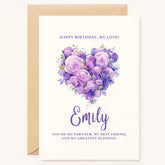 Personalized birthday card with heart-shaped purple watercolor roses, custom name, and romantic message, handmade by Printarelle in Ireland