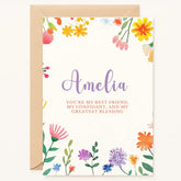 Personalized birthday card with colorful watercolor wildflowers, custom name, and heartfelt message, handmade by Printarelle in Ireland