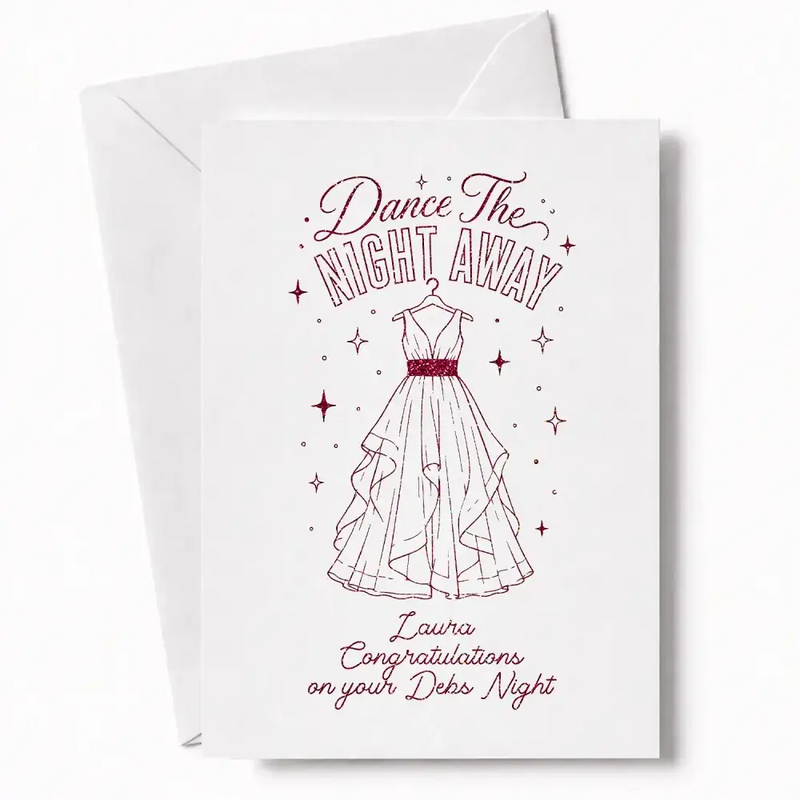 A white debs card featuring a pink glitter maroon dress and starry design with dance the night away text