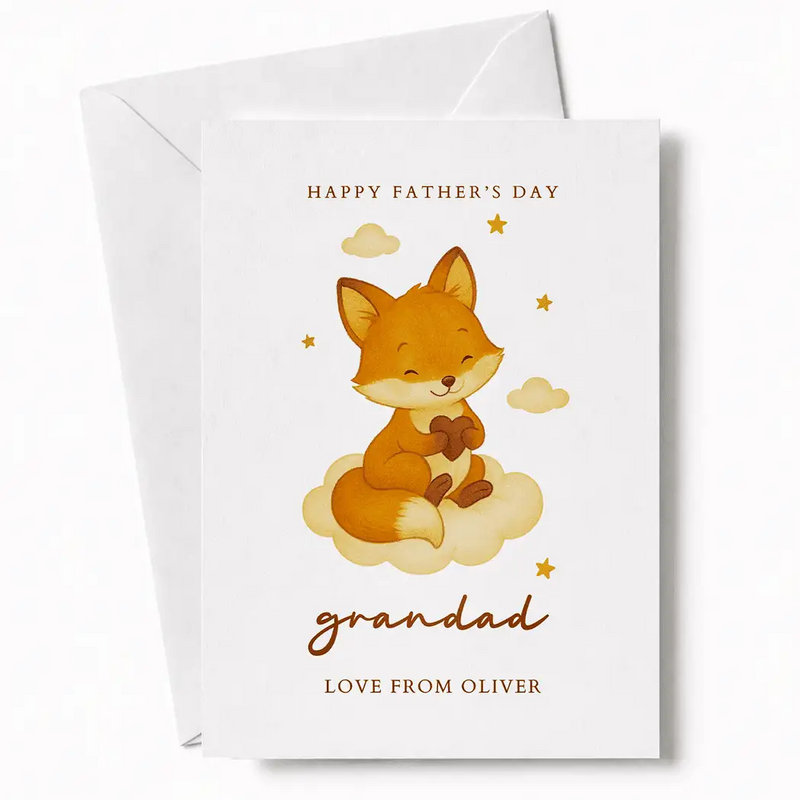 A charming white fathers day card with a cute orange fox holding a heart and gold stars, includes kraft envelope printarelle card