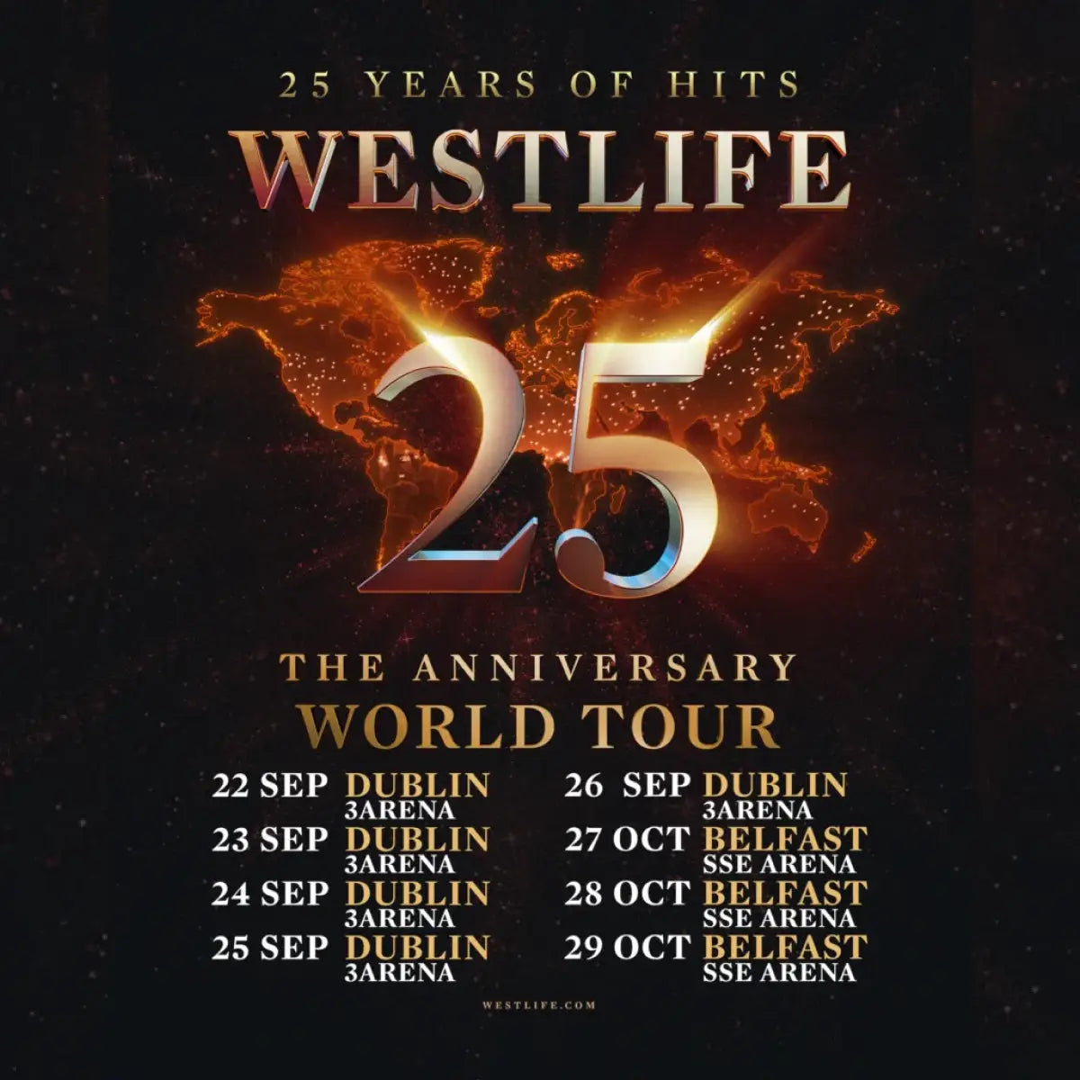 Fans cheering at the Westlife 25 years tour concert 2026 Dublin Ireland with stage lights and band performance