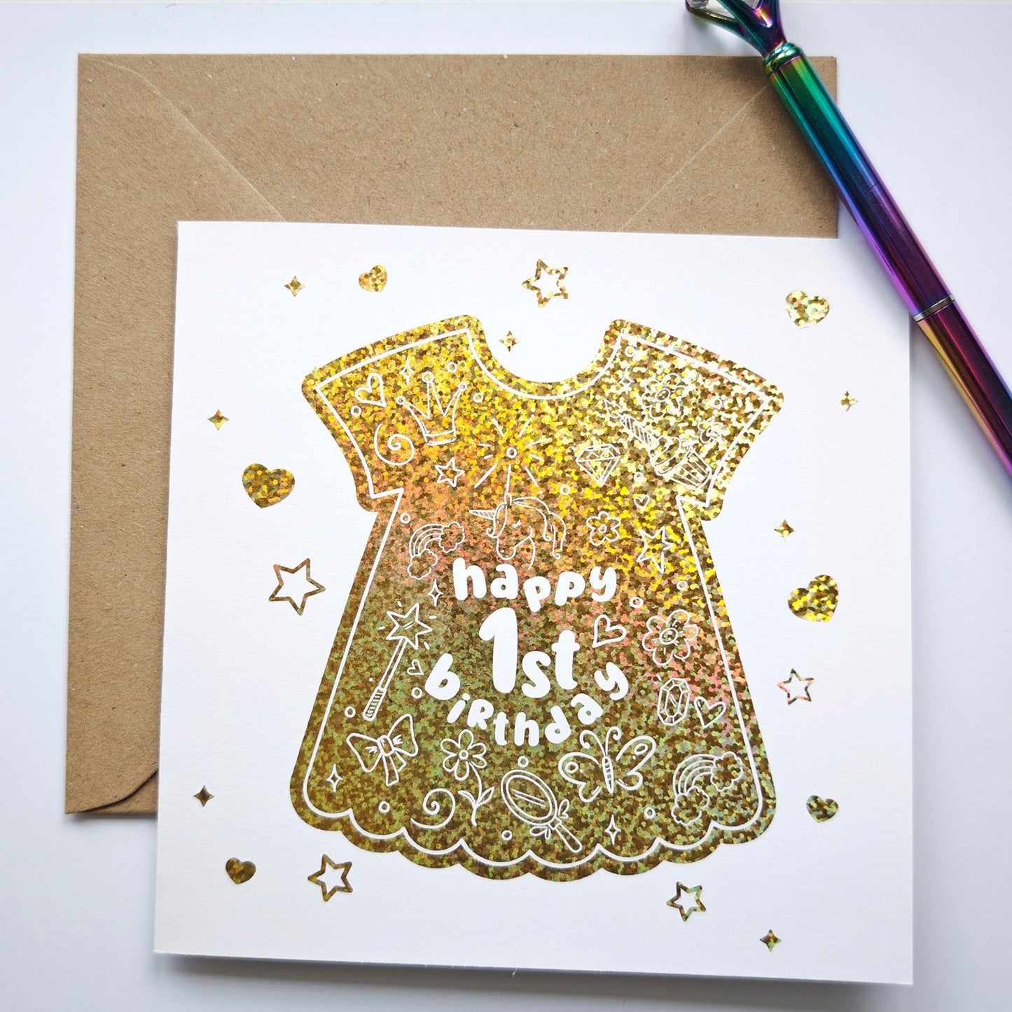 1st Birthday Foil Dress Card | Baby Girl Milestone Card - Greeting Card - Printarelle