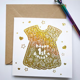 1st Birthday Foil Dress Card | Baby Girl Milestone Card - Greeting Card - Printarelle