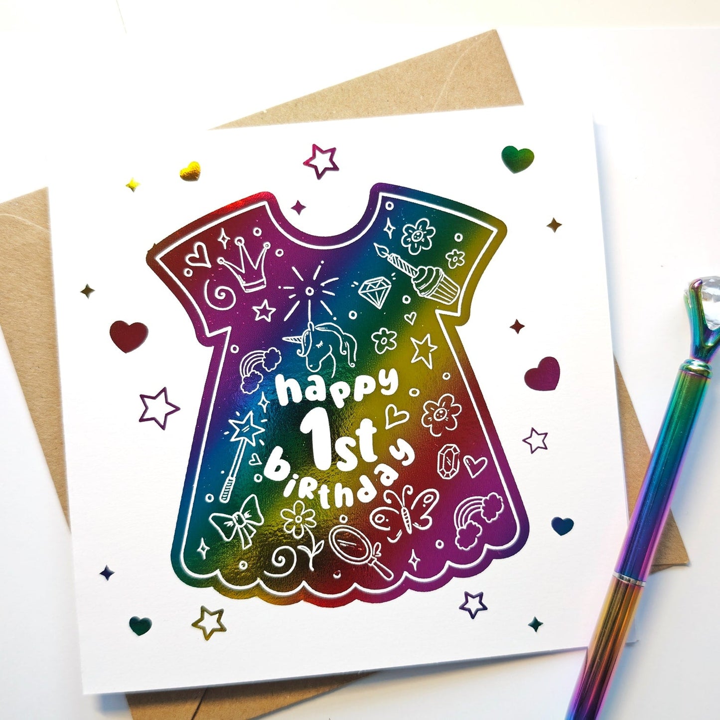 1st Birthday Foil Dress Card | Baby Girl Milestone Card - Greeting Card - Printarelle