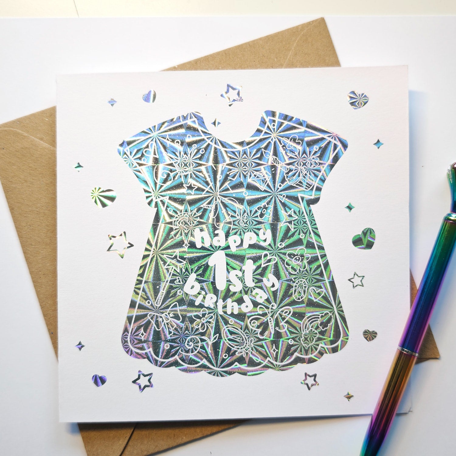 1st Birthday Foil Dress Card | Baby Girl Milestone Card - Greeting Card - Printarelle