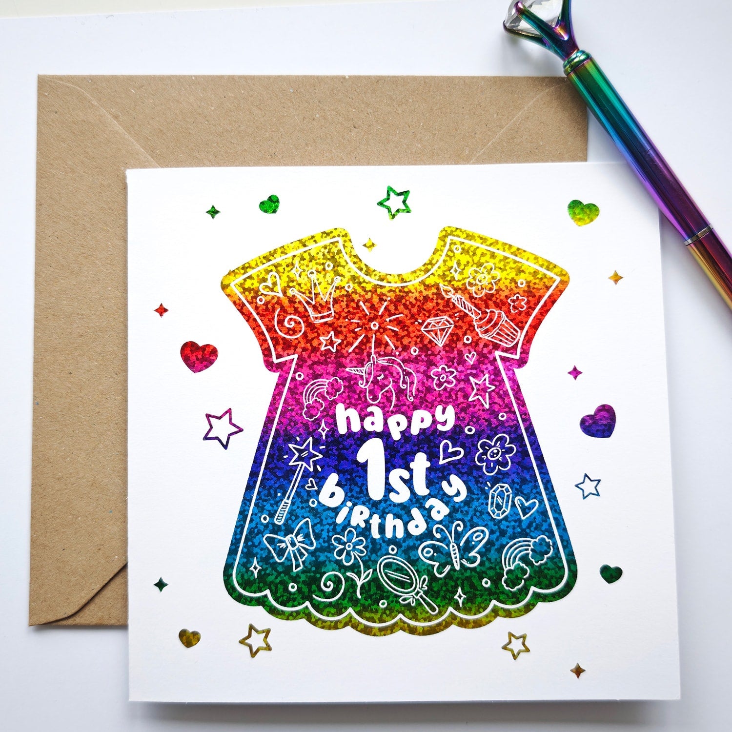 1st Birthday Foil Dress Card | Baby Girl Milestone Card - Greeting Card - Printarelle