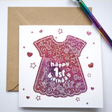 1st Birthday Foil Dress Card | Baby Girl Milestone Card - Greeting Card - Printarelle