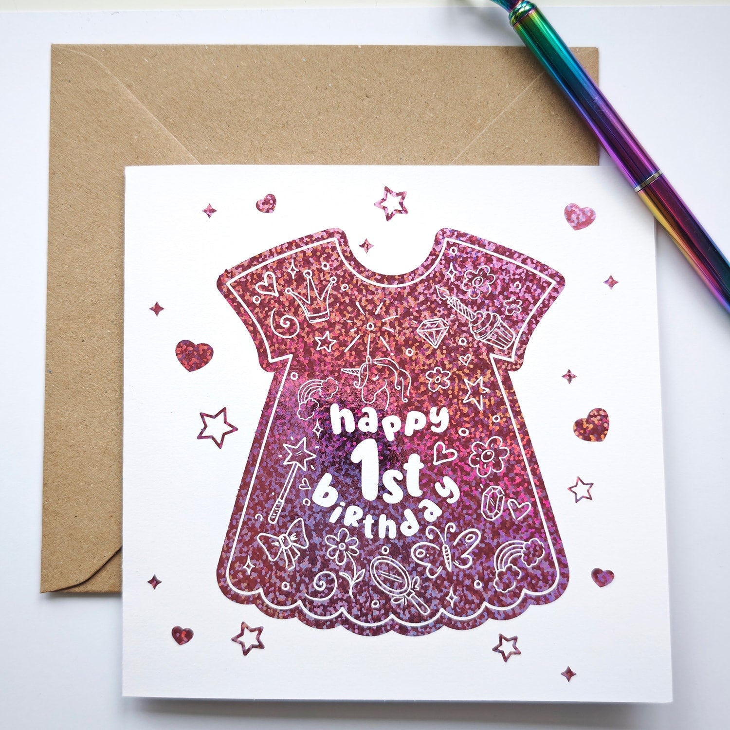 1st Birthday Foil Dress Card | Baby Girl Milestone Card - Greeting Card - Printarelle