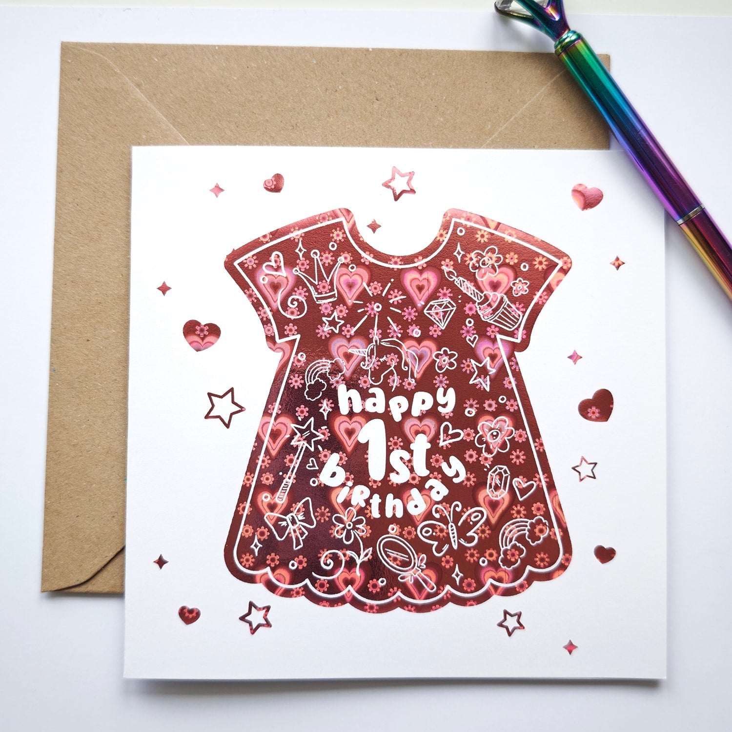 1st Birthday Foil Dress Card | Baby Girl Milestone Card - Greeting Card - Printarelle