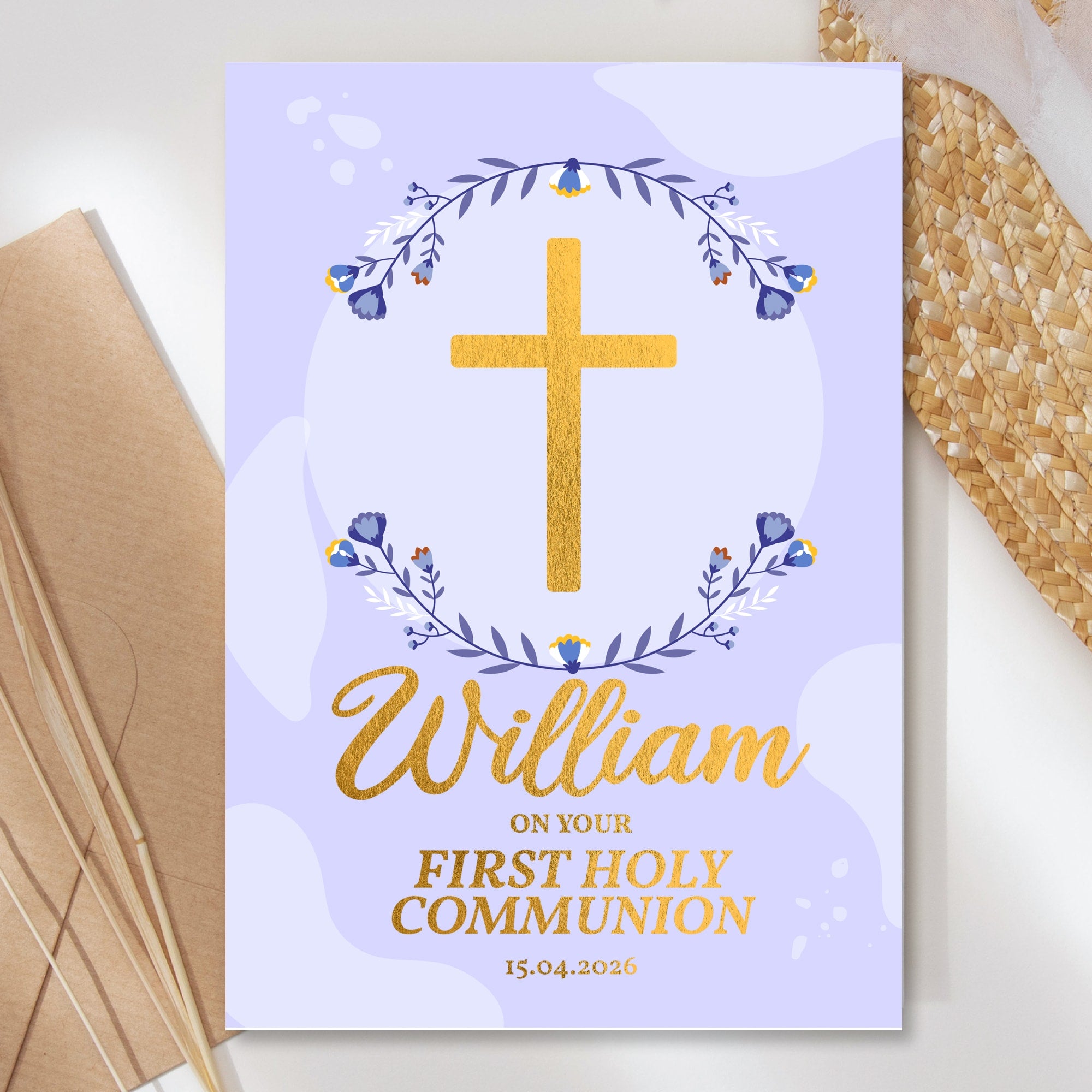 First Holy Communion card for boys with purple floral wreath