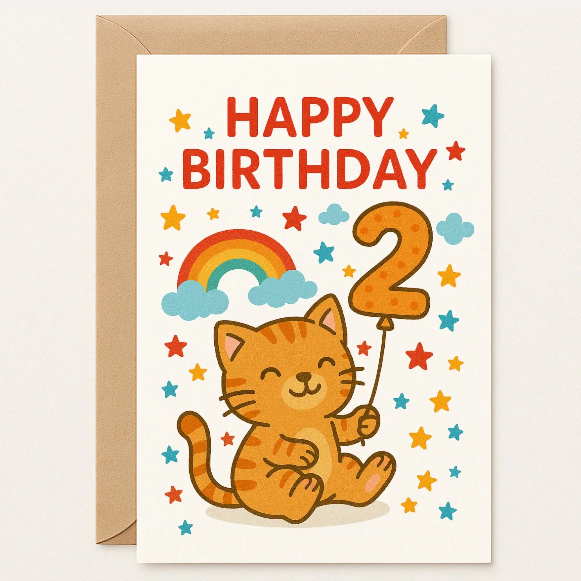 2nd Birthday Card – Cat & Rainbow - Greeting Card