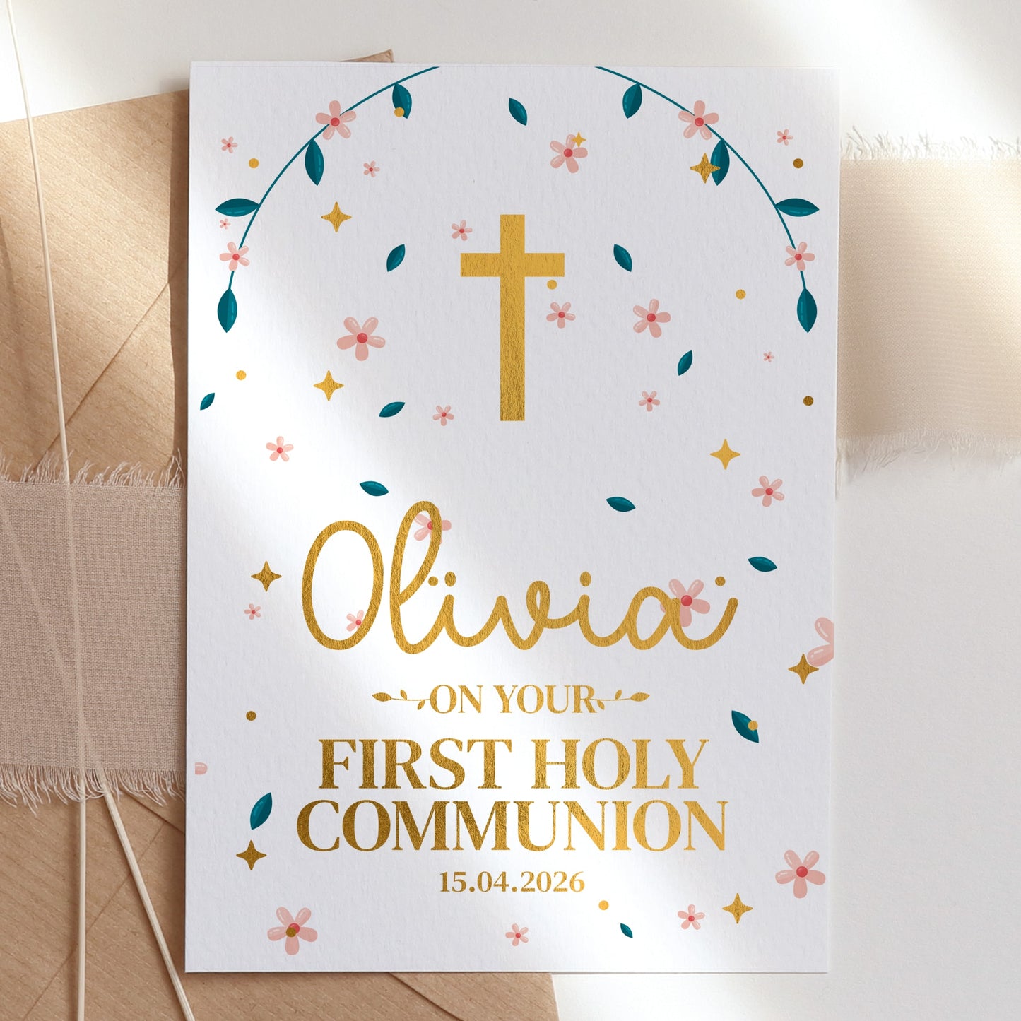 Floral Personalised First Holy Communion Card - A6 / Customizable Greeting Card - Printarelle