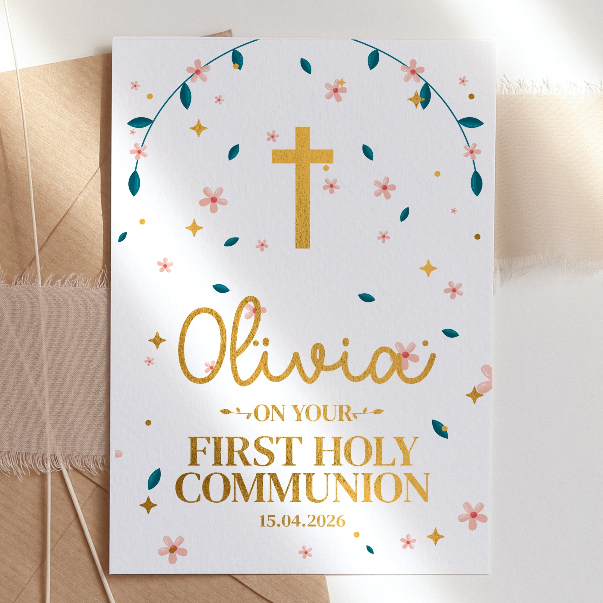 Floral Personalised First Holy Communion Card - A6 / Customizable Greeting Card - Printarelle