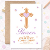 Cross & Heart Personalised First Holy Communion Card for Girls - Greeting Card - Printarelle