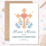 Cross & Heart Personalised First Holy Communion Card for Girls - Greeting Card - Printarelle