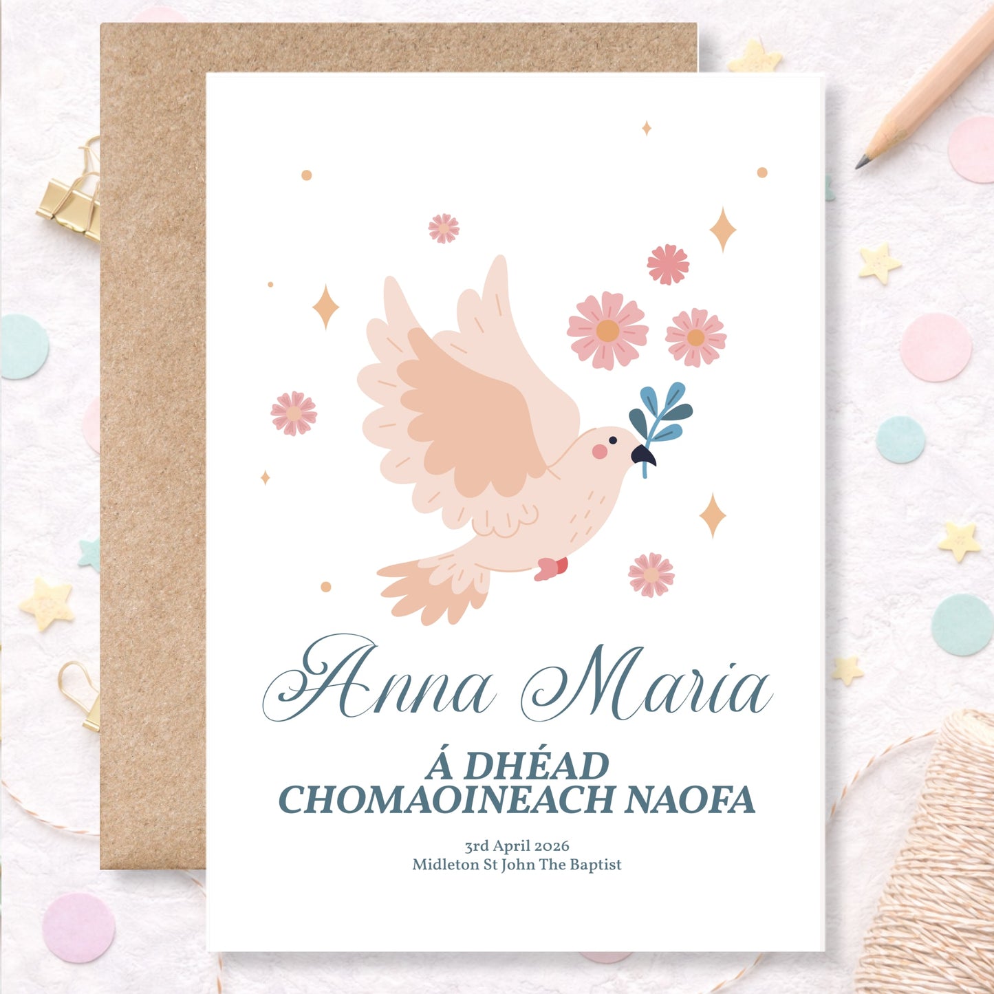 Dove & Flowers Personalised Irish Language First Holy Communion Card - Greeting Card - Printarelle