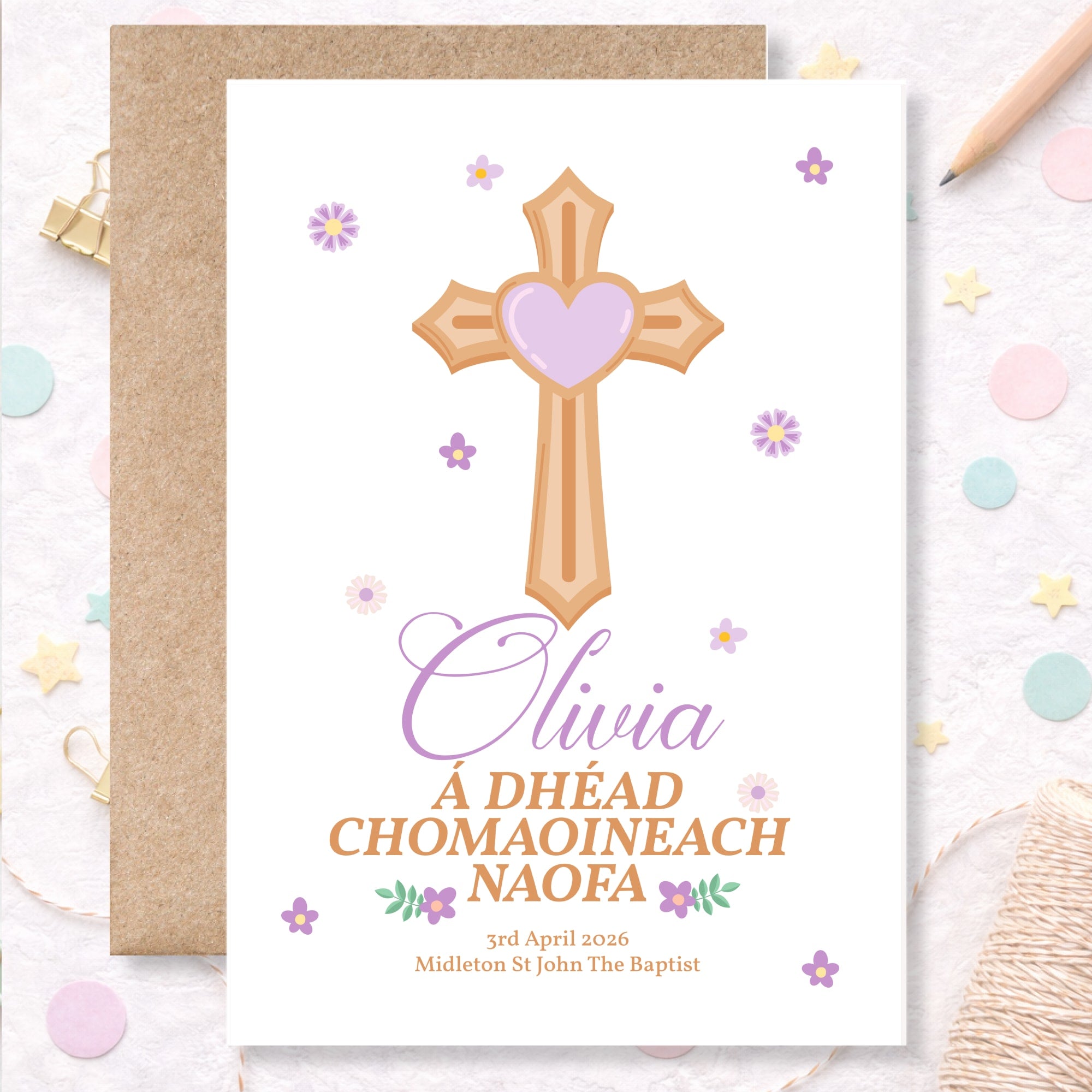 Cross & Heart Personalised Irish Language First Holy Communion Card - Greeting Card - Printarelle