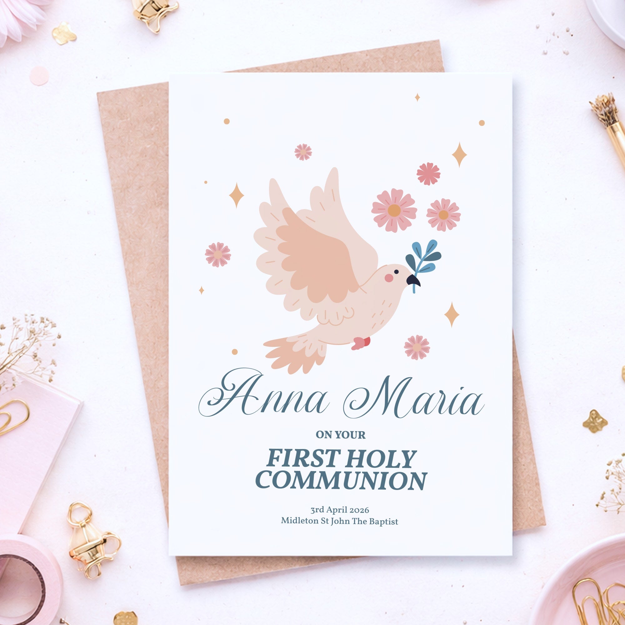 Dove & Flowers Personalised First Holy Communion Card for Girls - Greeting Card - Printarelle