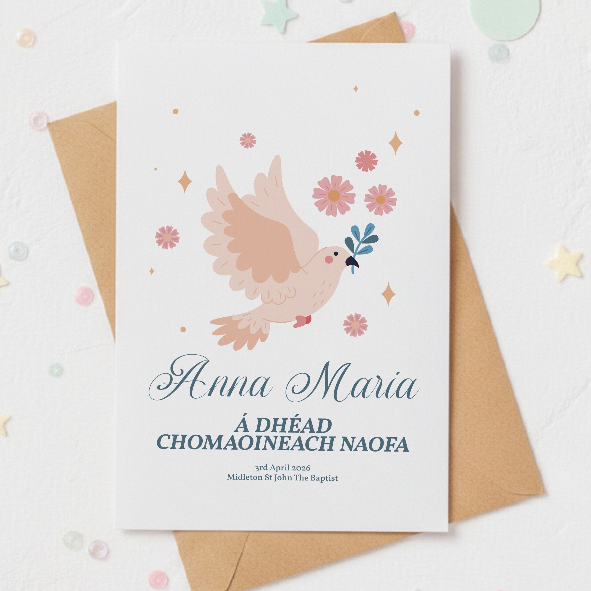 Dove & Flowers Personalised Irish Language First Holy Communion Card - Greeting Card - Printarelle