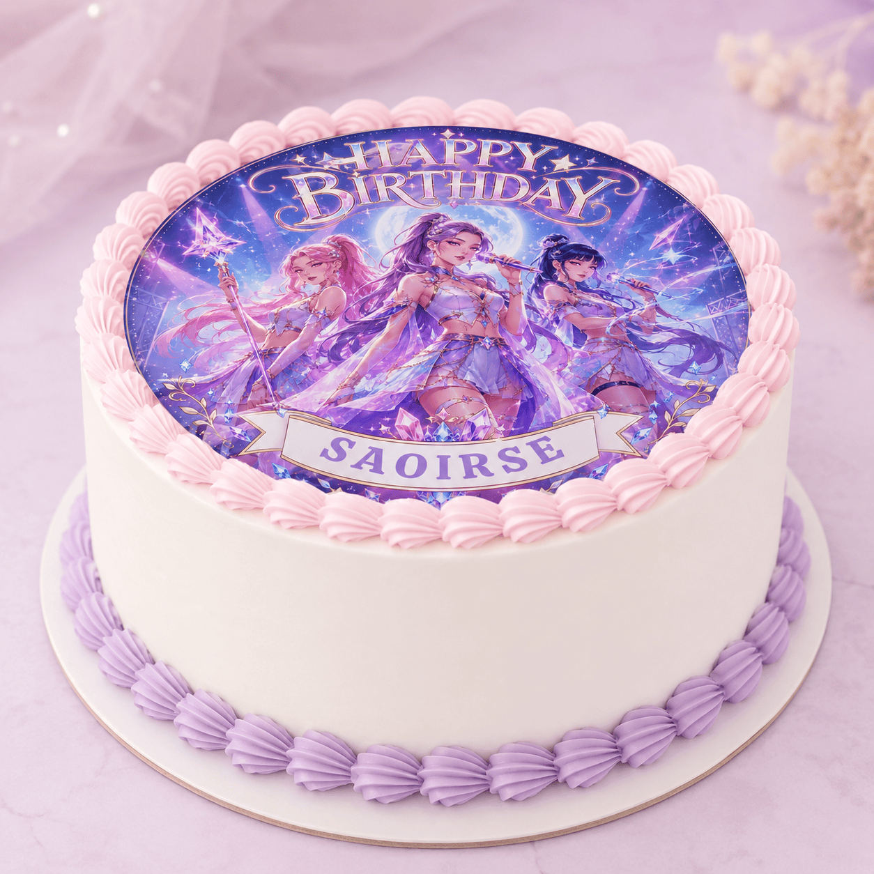 KPop Girl Group Birthday Cake Topper – Pastel Lilac Personalised