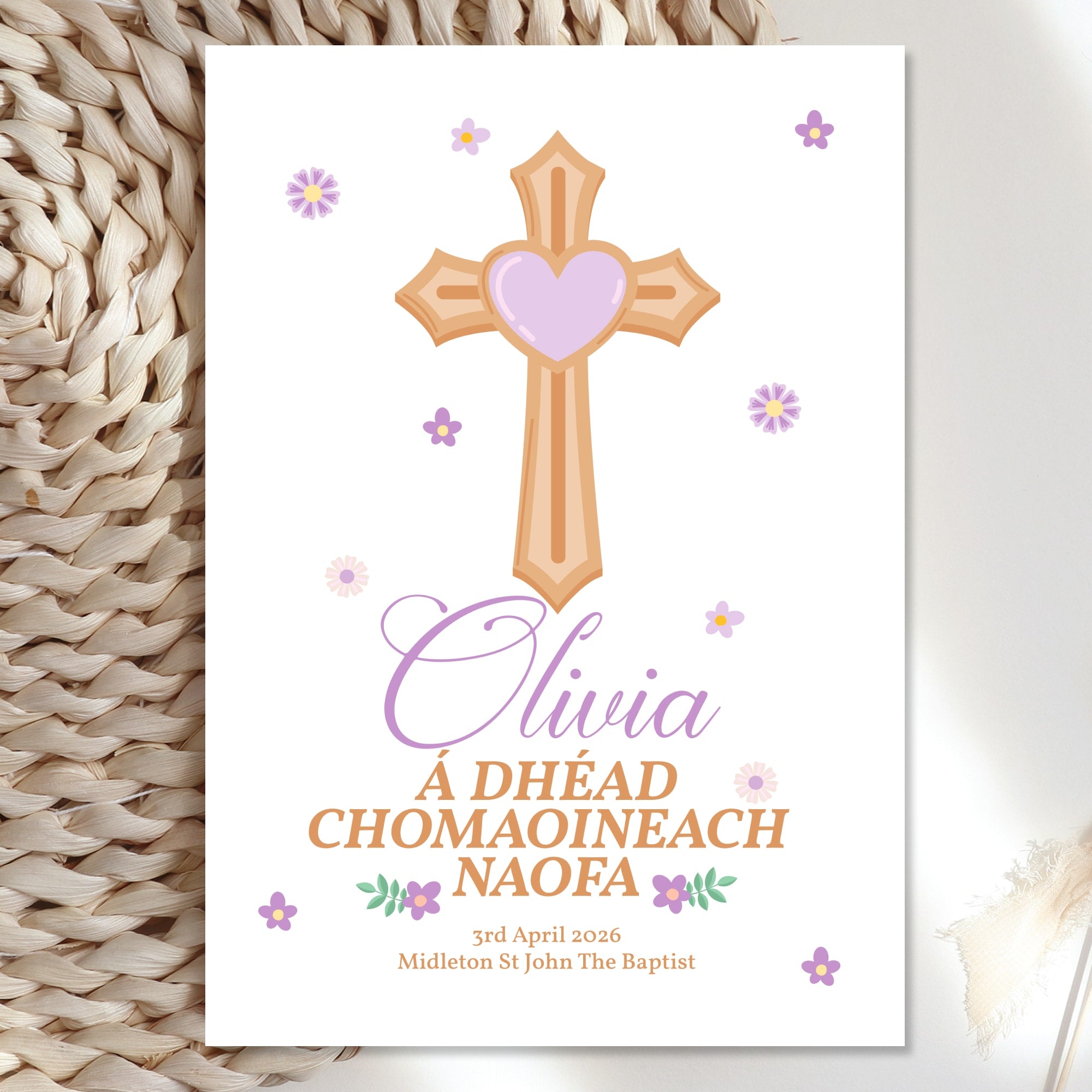 Cross & Heart Personalised Irish Language First Holy Communion Card - Greeting Card - Printarelle