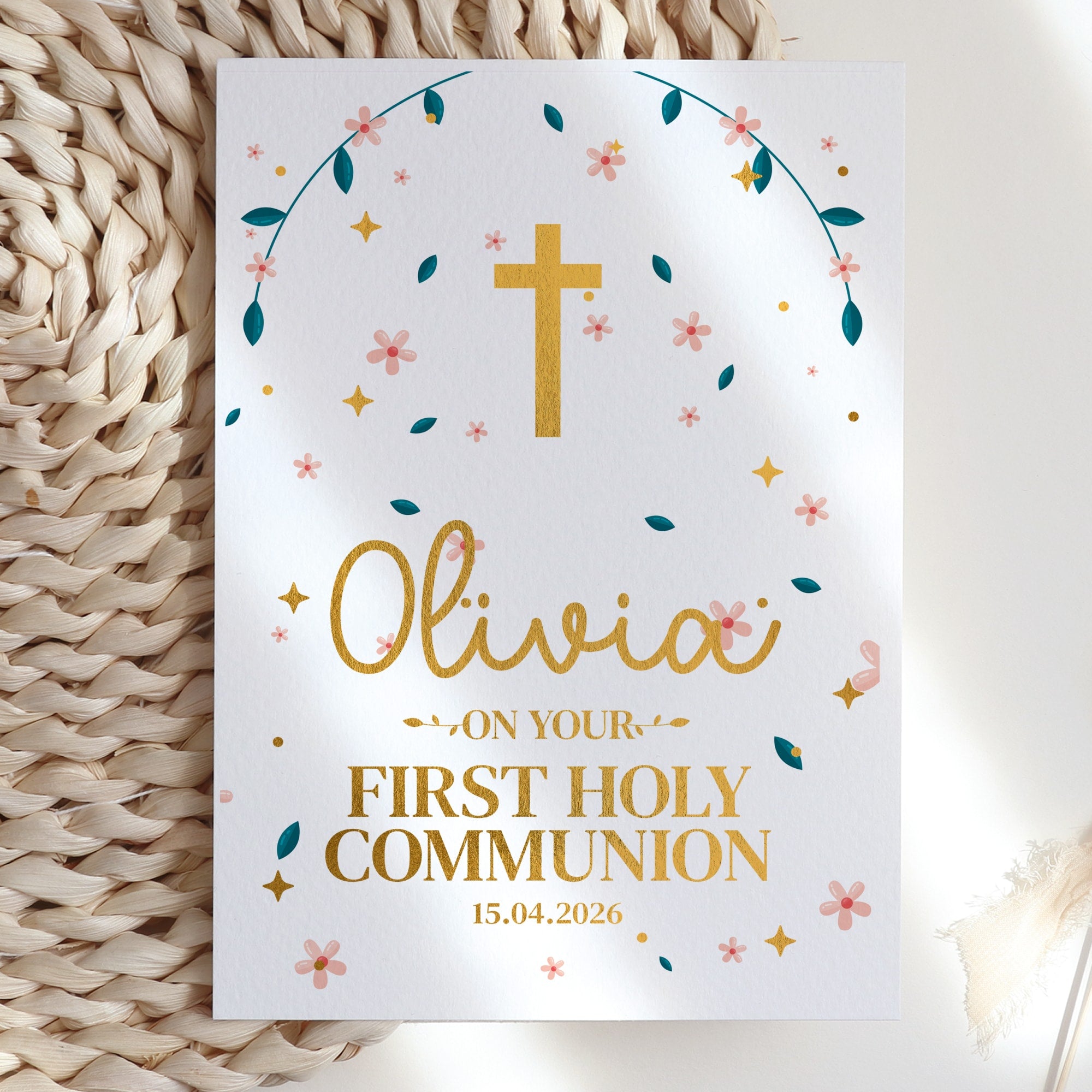 Personalised pink floral arch First Holy Communion card handmade in Cork