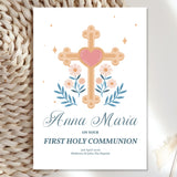 Cross & Heart Personalised First Holy Communion Card for Girls - Greeting Card - Printarelle