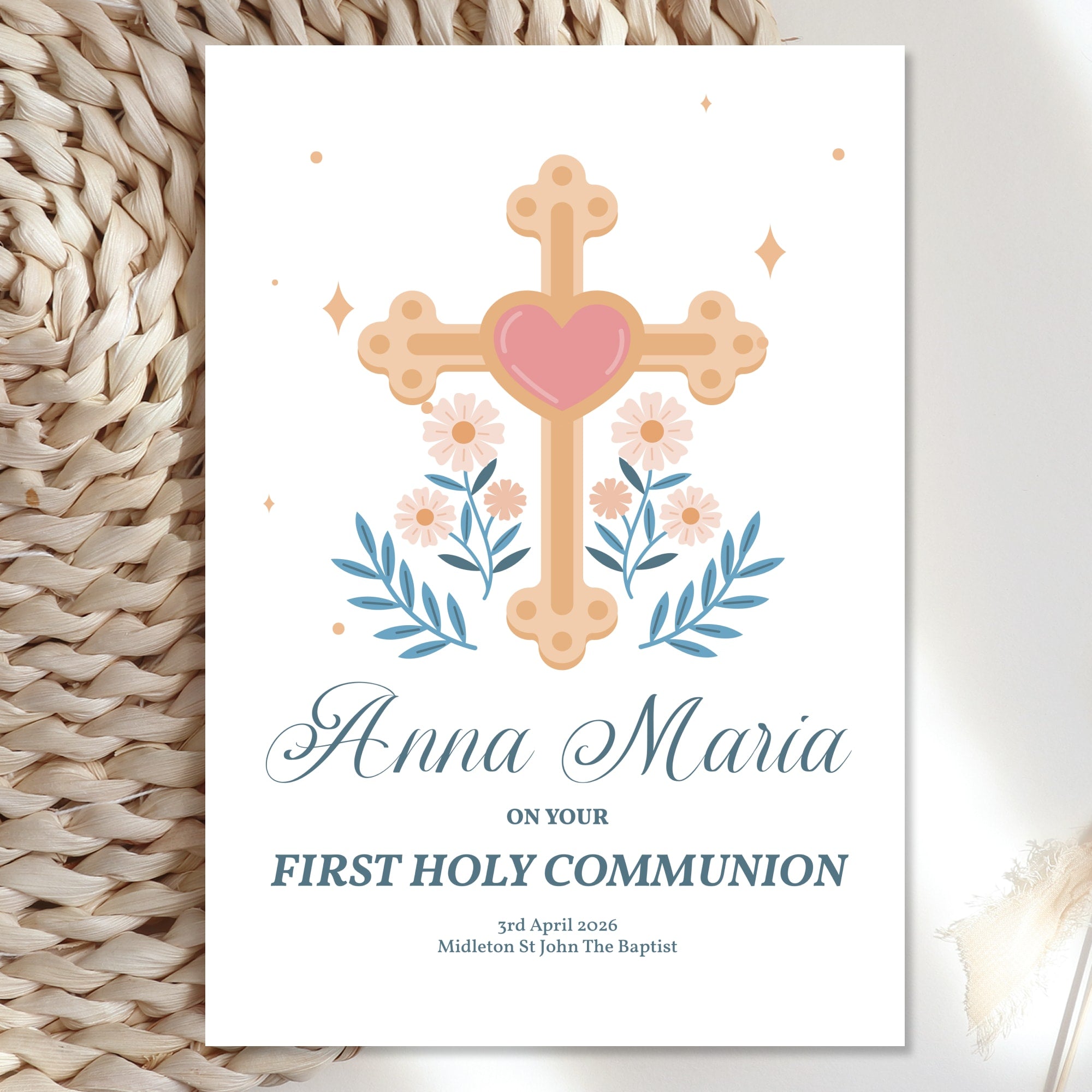 Cross & Heart Personalised First Holy Communion Card for Girls - Greeting Card - Printarelle