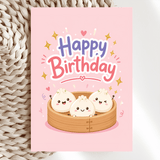 Dim Sum Steamer Birthday Card | Kawaii Bao Dumplings - dim sum, dim sum steamer, sum steamer, birthday card, kawaii bao