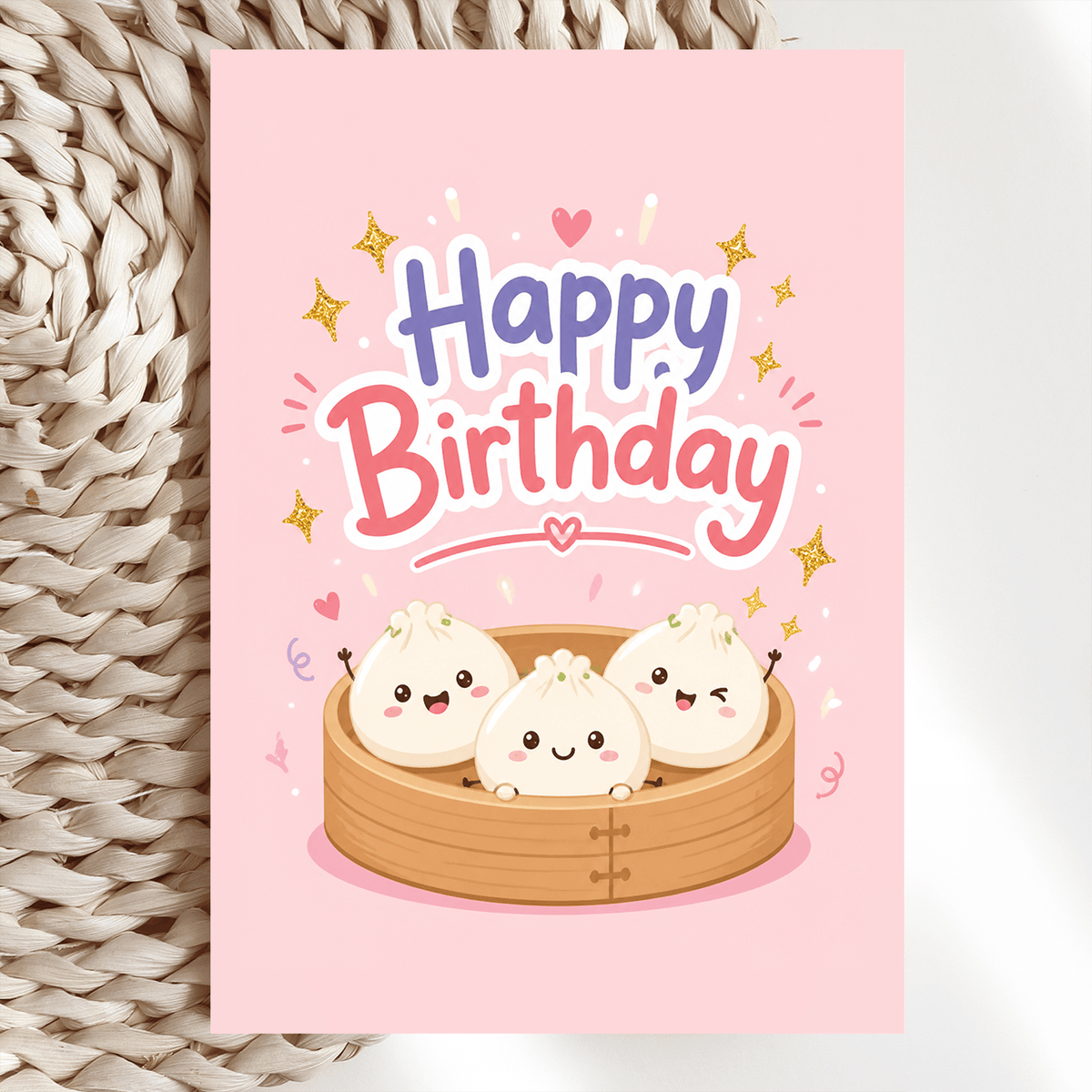 Dim Sum Steamer Birthday Card | Kawaii Bao Dumplings - dim sum, dim sum steamer, sum steamer, birthday card, kawaii bao