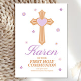 Cross & Heart Personalised First Holy Communion Card for Girls - Greeting Card - Printarelle