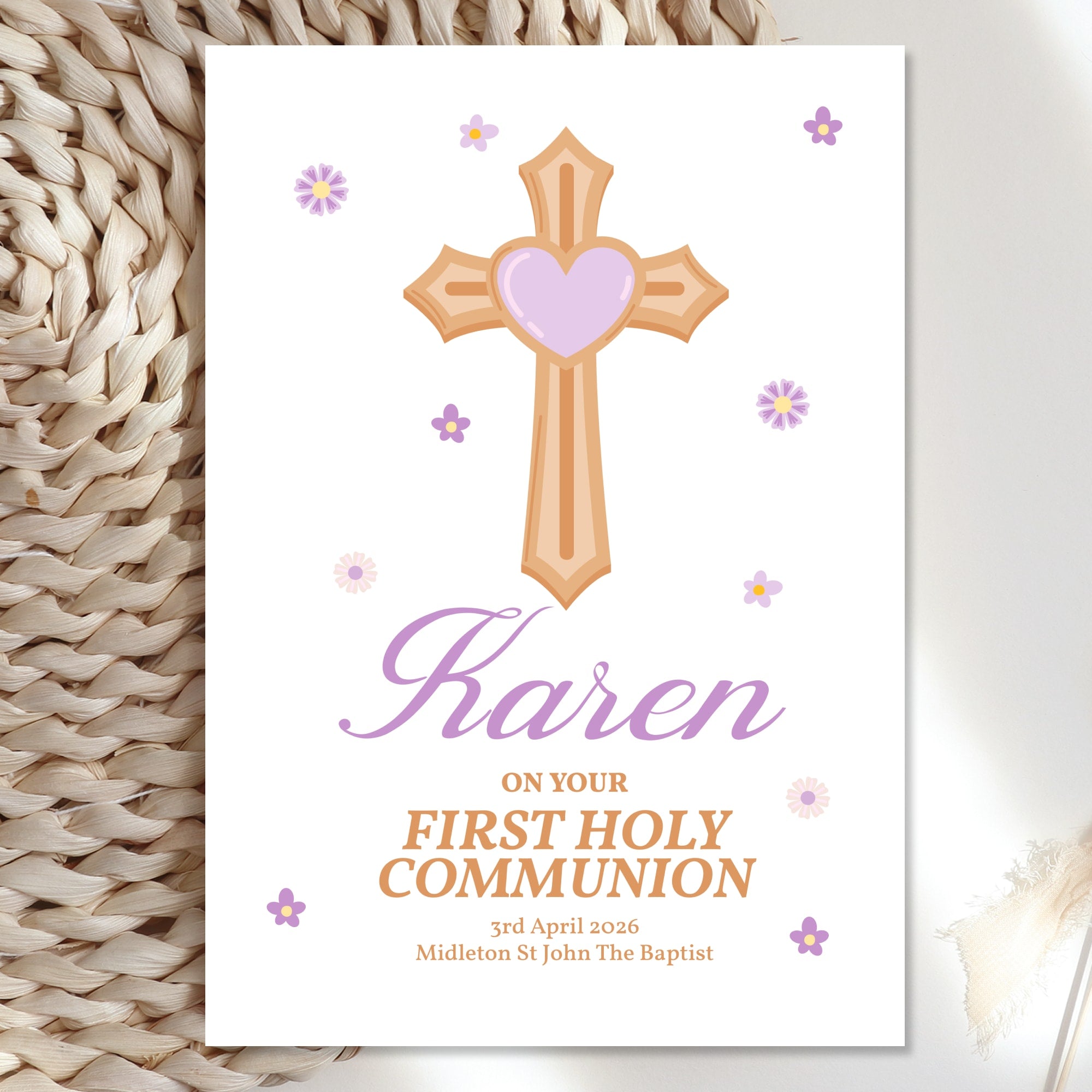 Cross & Heart Personalised First Holy Communion Card for Girls - Greeting Card - Printarelle