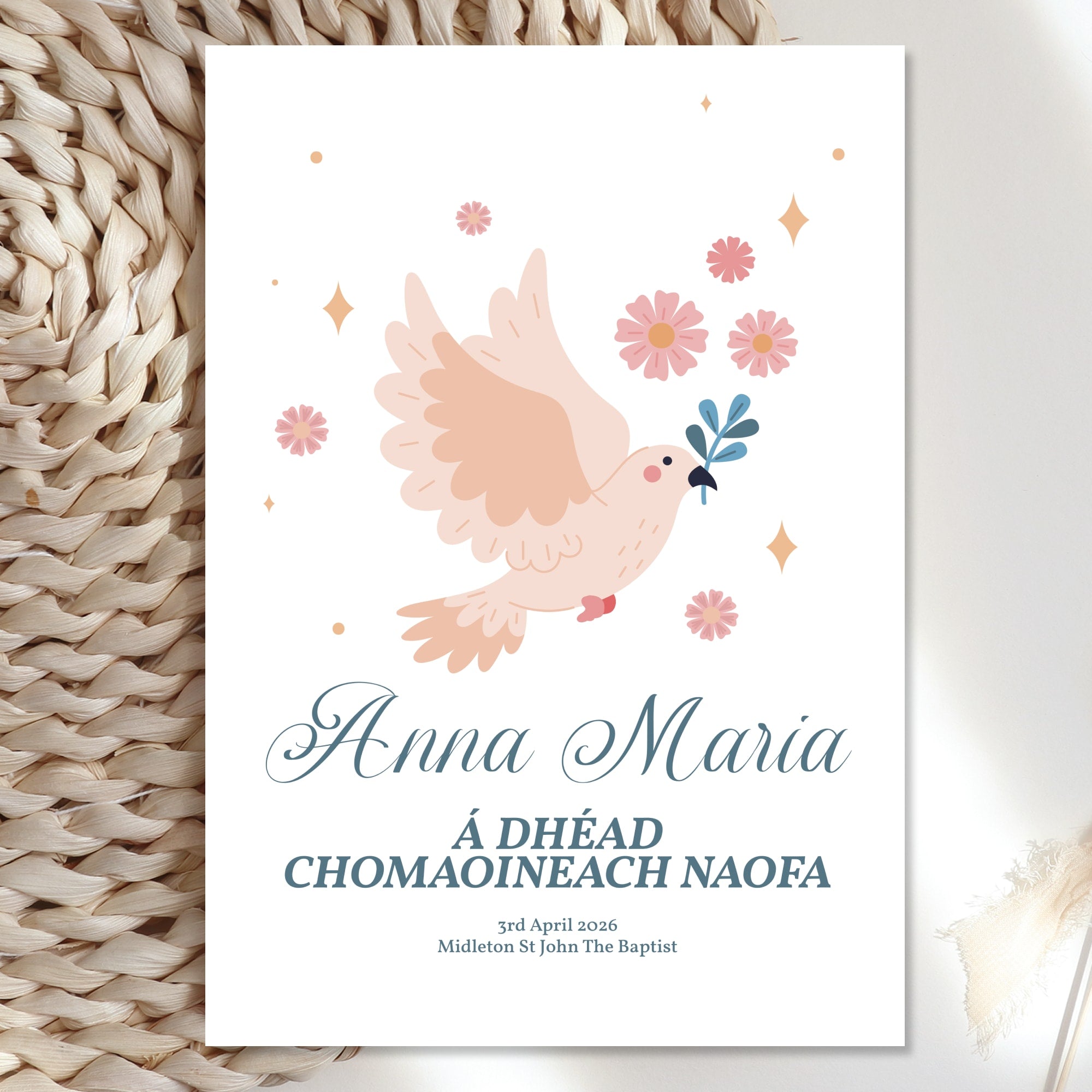 Dove & Flowers Personalised Irish Language First Holy Communion Card - Greeting Card - Printarelle