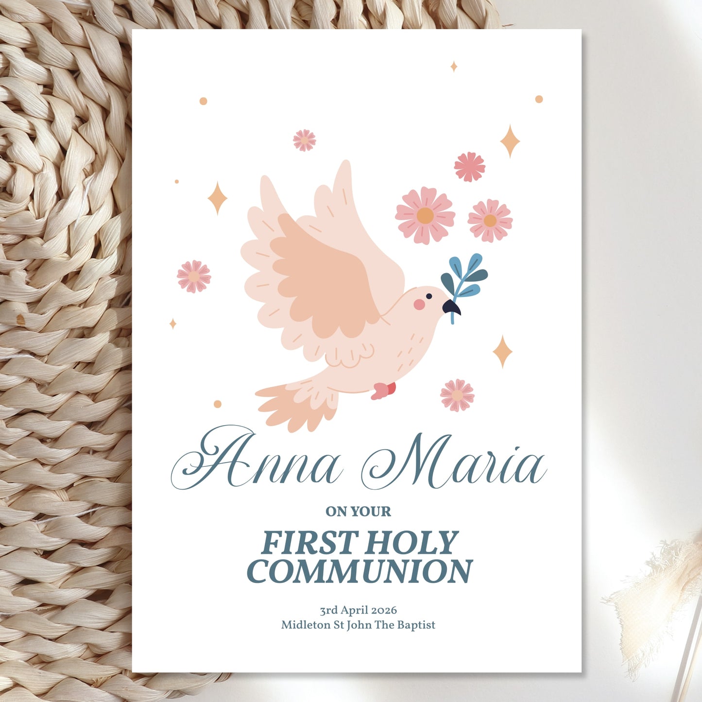 Dove & Flowers Personalised First Holy Communion Card for Girls - Greeting Card - Printarelle