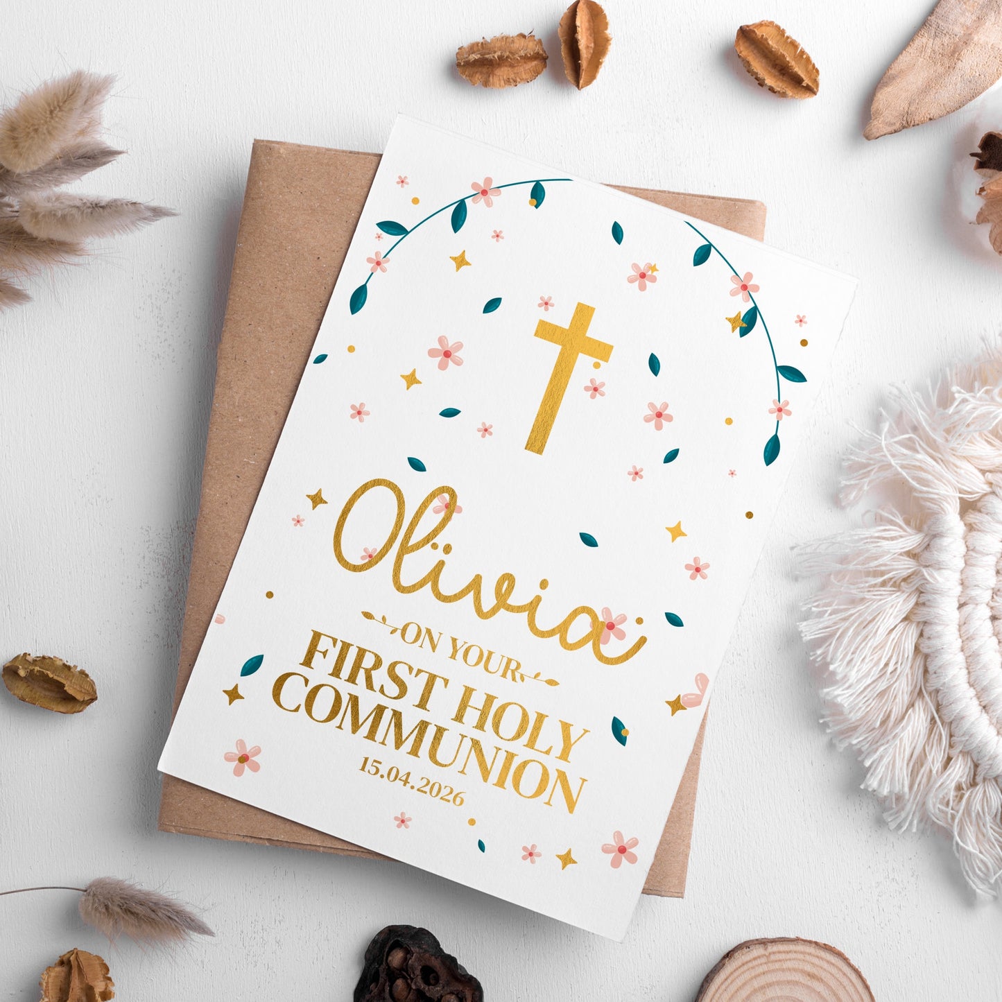 Floral Personalised First Holy Communion Card - Greeting Card - Printarelle