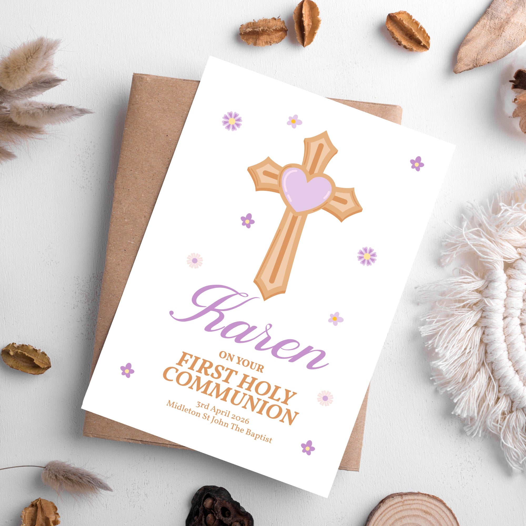 Cross & Heart Personalised First Holy Communion Card for Girls - Greeting Card - Printarelle