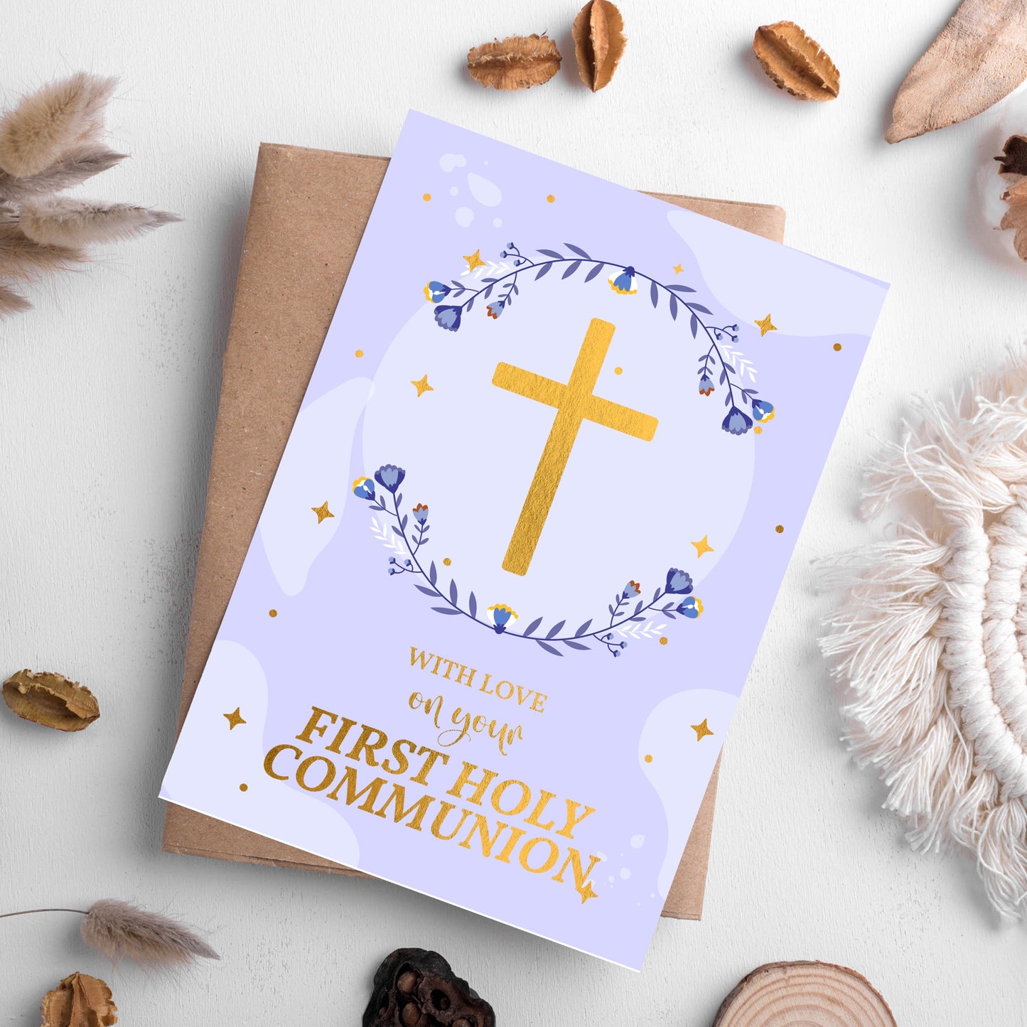 First Holy Communion Card for Boys - Purple Floral - Greeting Card - Printarelle